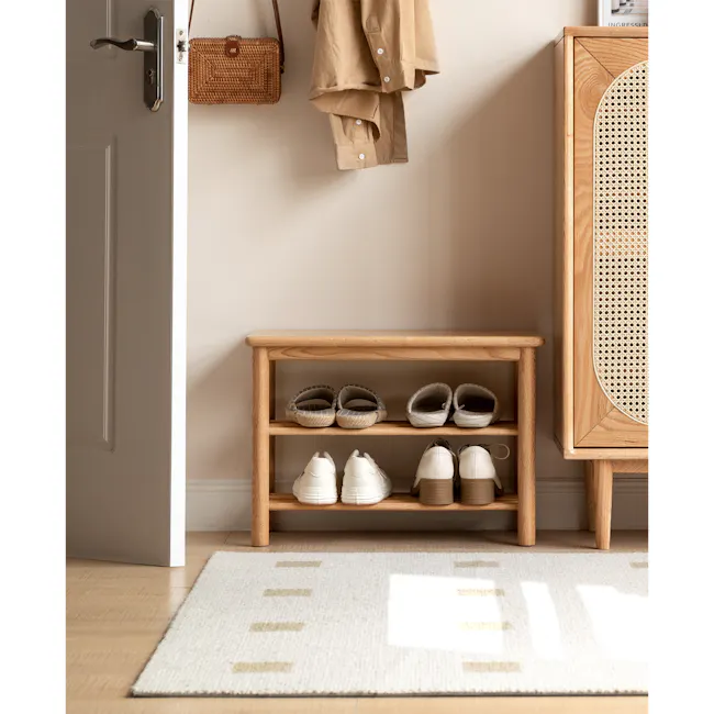Azumi Shoe Rack Bench 0.8m - Oak - 2 - Wooden shoe rack, beige shoes, white sneakers, woven bag, light brown wooden cabinet