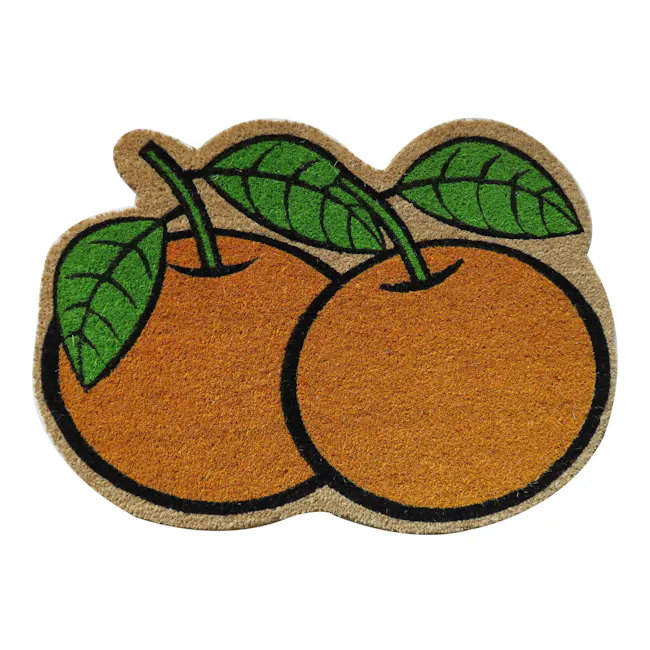 Mandarin Oranges Coir Door Mat - 1 - Ornate, illustrated, cartoon-like, vibrant, green leaves, orange fruit, textured