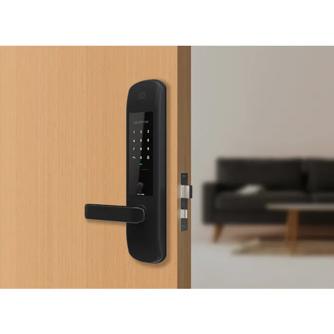 igloohome Gate & Door Bundle: Metal Gate 2 + Smart Mortise 2 - 4 - Wooden door, black door handle, digital keypad, modern