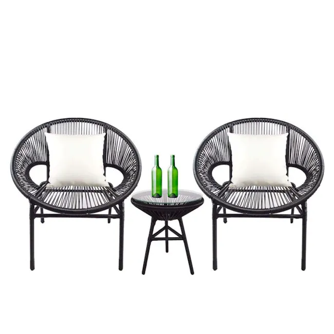 Shelton Patio Set - White Pillow - 1 - Wicker patio chairs, black rattan furniture, outdoor seating set, green bottles