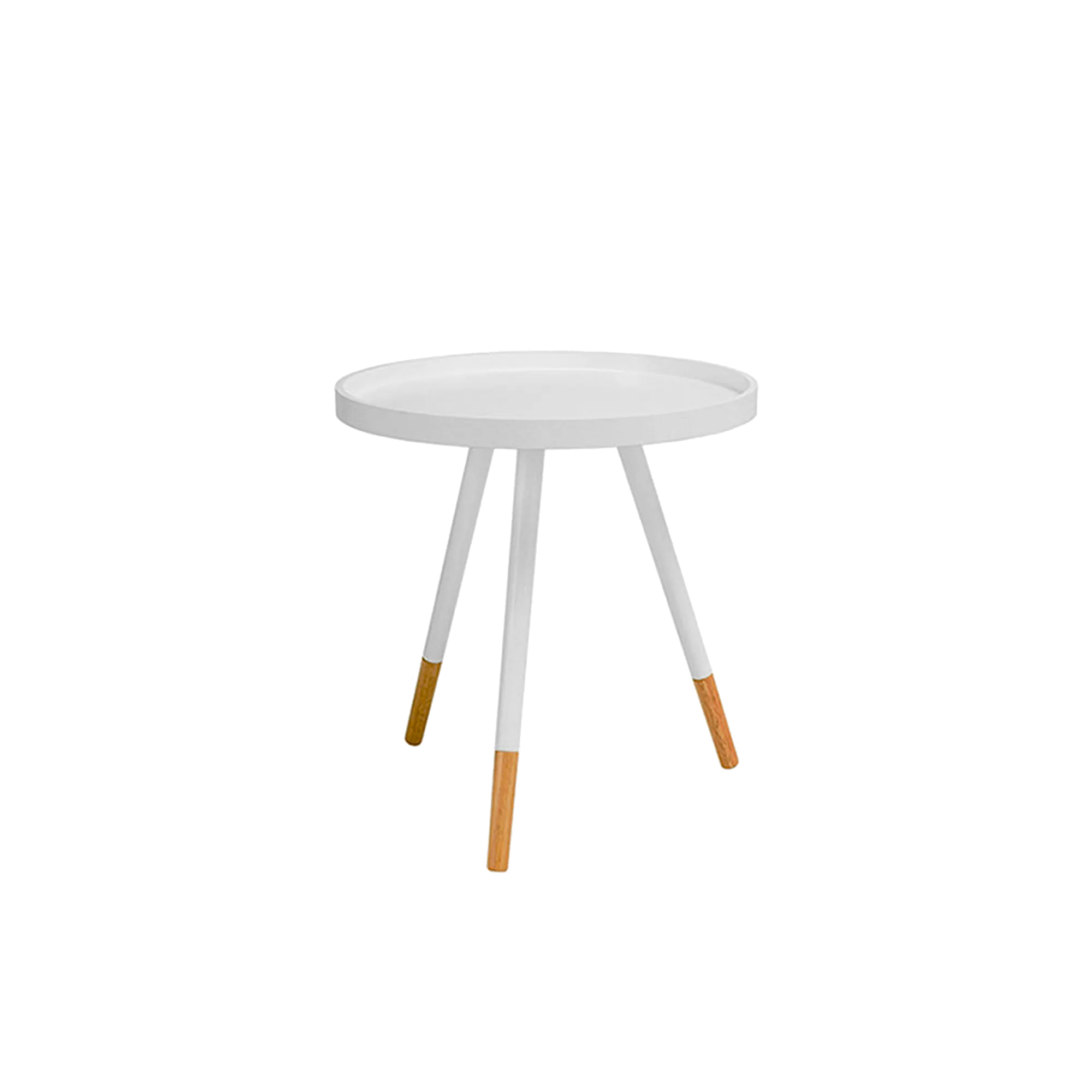 Innis Side Table - White, Natural - 16 - Round white table with three slender legs, wooden legs with a natural finish