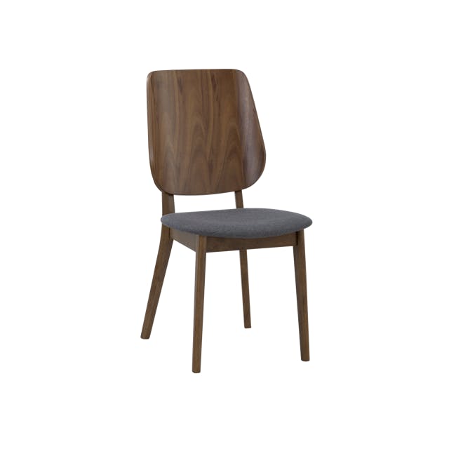Lofti Dining Chair - Cocoa, Battleship Grey - 1 - Wooden chair with curved backrest and gray cushion, minimalist design