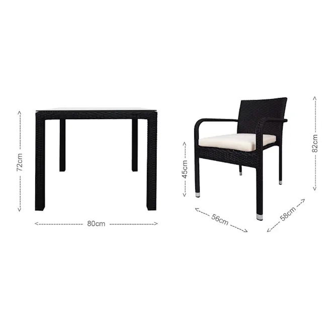 Palm Outdoor Dining Set - White Cushions - 12 - Woven outdoor table and chair, 80 cm height, 72 cm width, 45 cm seat height