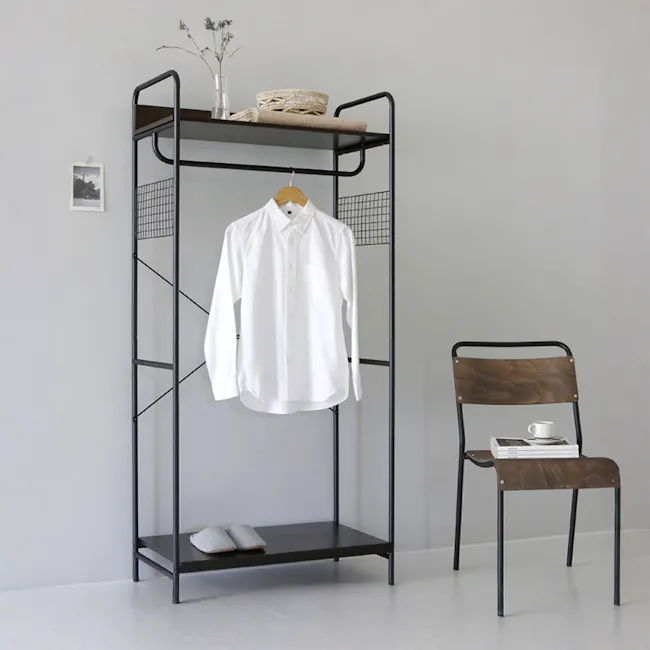 Sophie Open Wardrobe with 2 Shelves - Black - 6 - modern loft, minimalist decor, black metal shelving, white shirt on rack