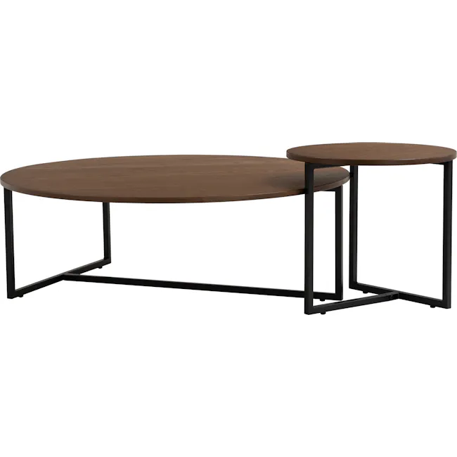 Felicity Round Coffee Table - Walnut, Matt Black - 9 - Round wooden table with black metal legs, minimalist design