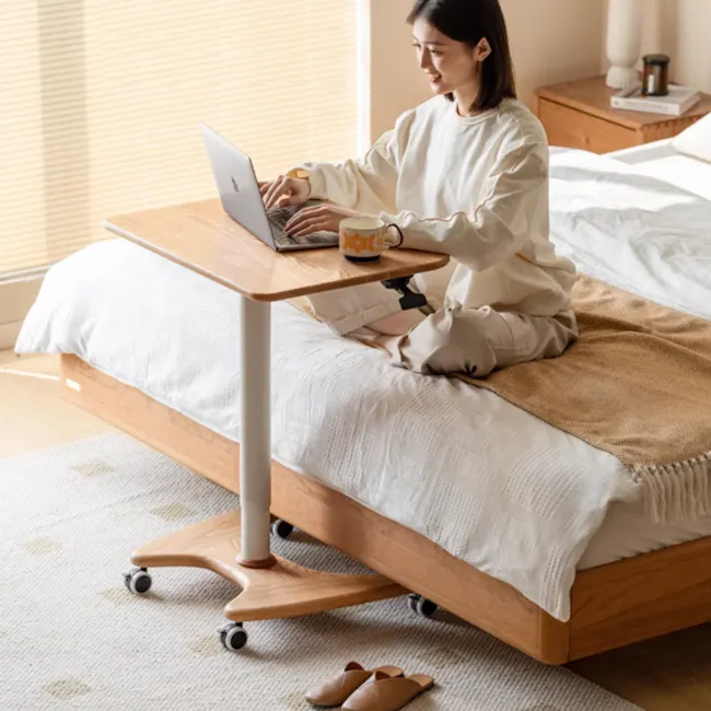Easton Adjustable Table 0.6m - Oak, White - 4 - Laptop, woman, sitting, working, on bed, cozy, white blanket, wooden