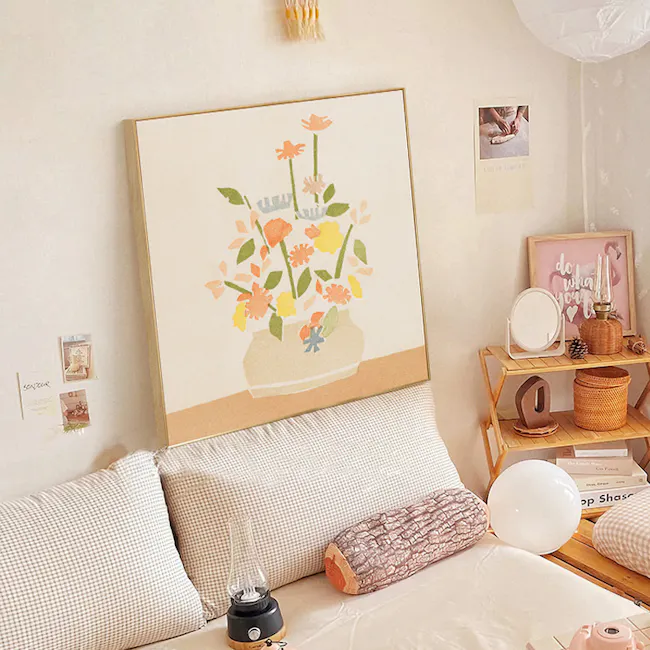 Pastel Bouquet Framed Canvas 50 x 50 cm - 3 - vibrant floral painting, cozy bedroom, pastel color scheme, soft lighting