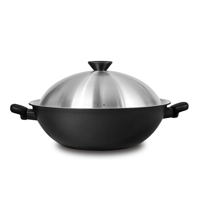 Meyer Midnight Nonstick Hard Anodized 36cm Chinese Wok with Lid - 0