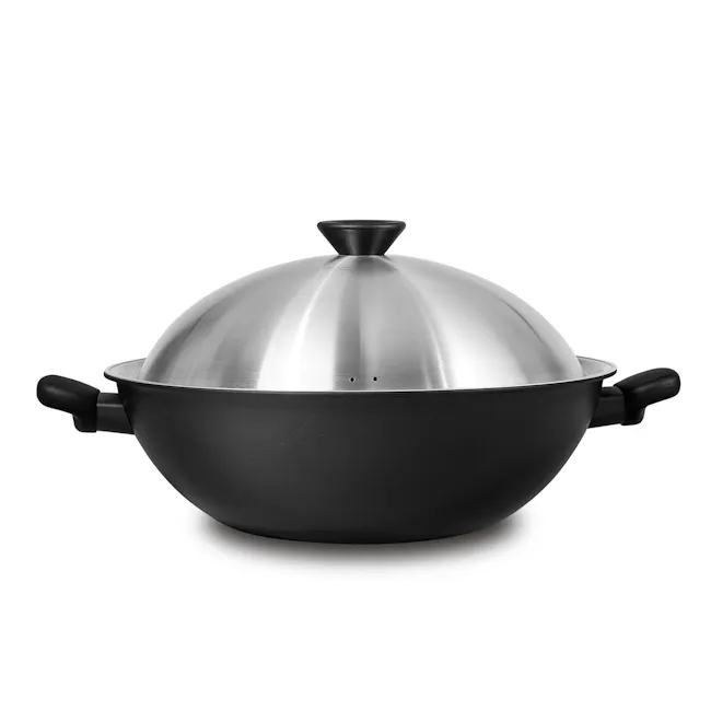 Meyer Midnight Nonstick Hard Anodized 36cm Chinese Wok with Lid - 1 - Durable cooking pot with lid, stainless steel