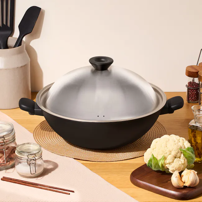 Meyer Midnight Nonstick Hard Anodized 36cm Chinese Wok with Lid - 2 - black cooking pot, stainless steel pot, wooden cutting