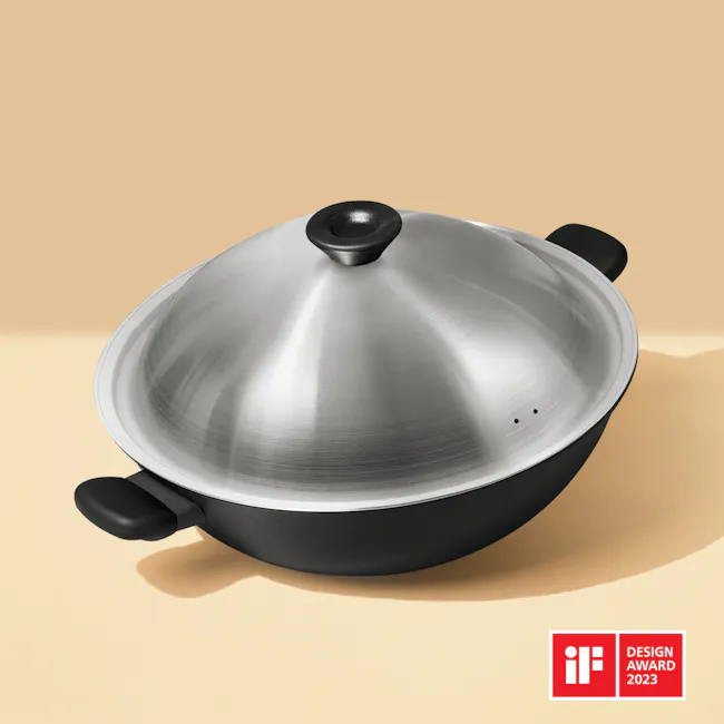 Meyer Midnight Nonstick Hard Anodized 36cm Chinese Wok with Lid - 6 - Silver pot with black handles, stainless steel lid