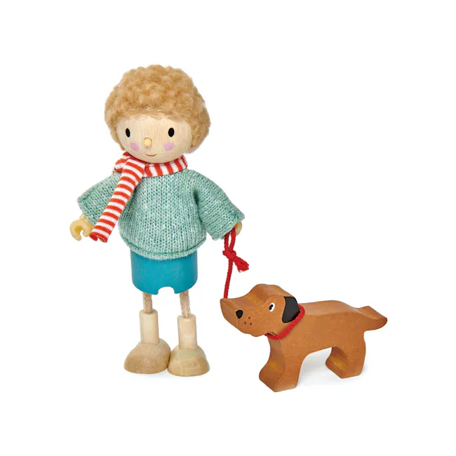 Tender Leaf Doll House - Mr Goodwood and His Dog - 1 - Fur-textured doll with curly hair, wearing a red and white striped
