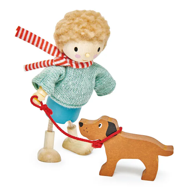 Tender Leaf Doll House - Mr Goodwood and His Dog - 2 - Faux human figure with curly hair, wearing a red and white striped