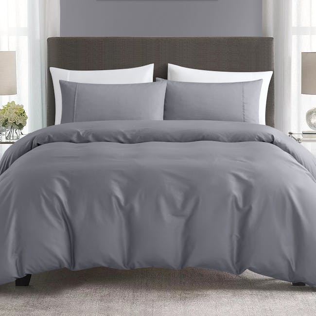 Pima Cotton Full Bedding Set - Lavendar (4 Sizes) - 1 - Grey bedding, modern design, elegant headboard, white pillows, soft