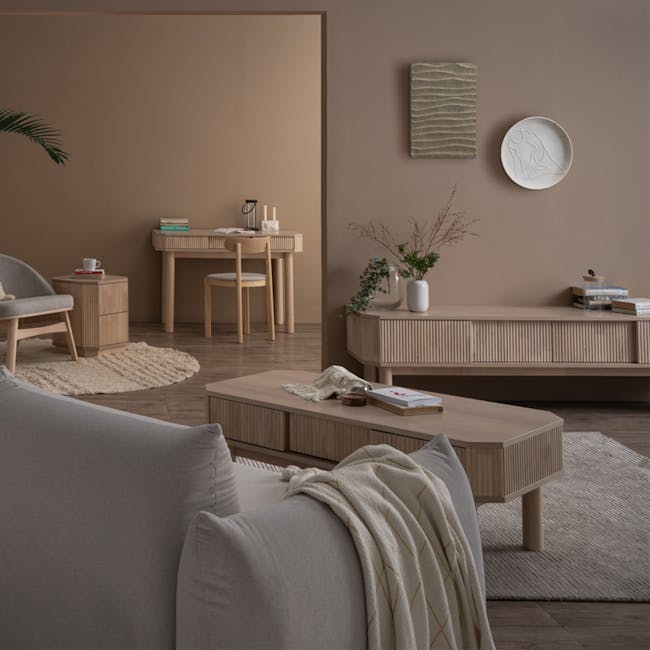 Claire Bedside Table - 7 - Minimalist living room, modern furniture, neutral color palette, cozy seating area, wooden coffee