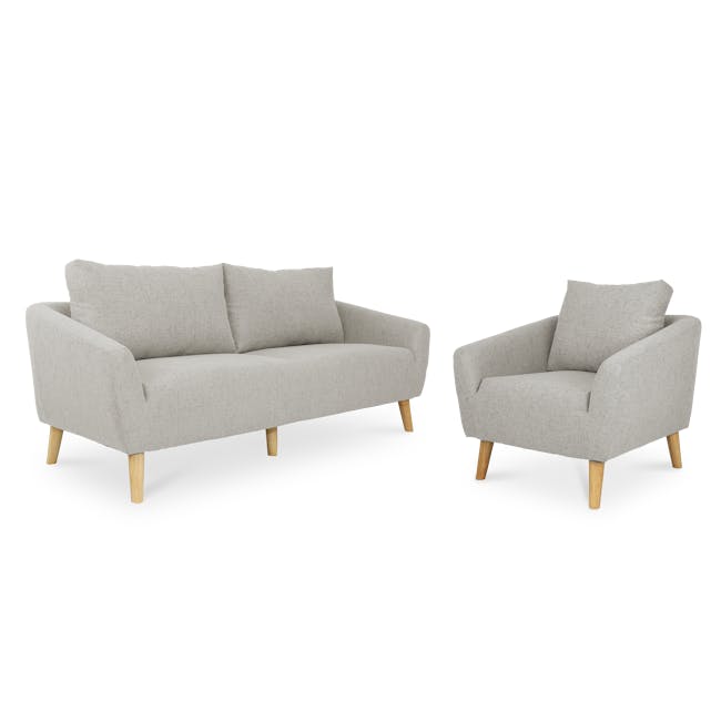 Hana 3 Seater Sofa with Hana Armchair - Sand - 1 - Light gray upholstered sofa, light wooden armrests, light wooden legs