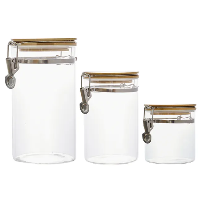 EVERYDAY Glass Jar with Bamboo Lid & Clamp (Set of 3) - 1 - Clear glass jars, transparent containers, minimalist design