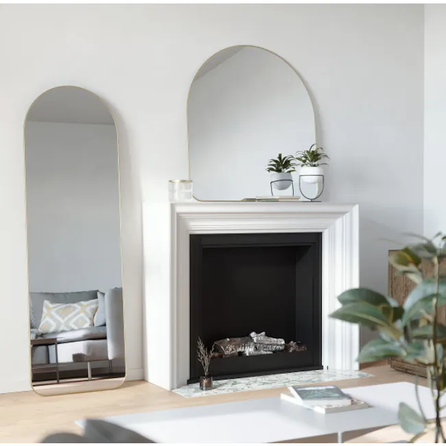Hubba Arched Leaning Mirror 51 x 157 cm - Brass - 4 - White fireplace with gold arches, minimalist decor, modern interior