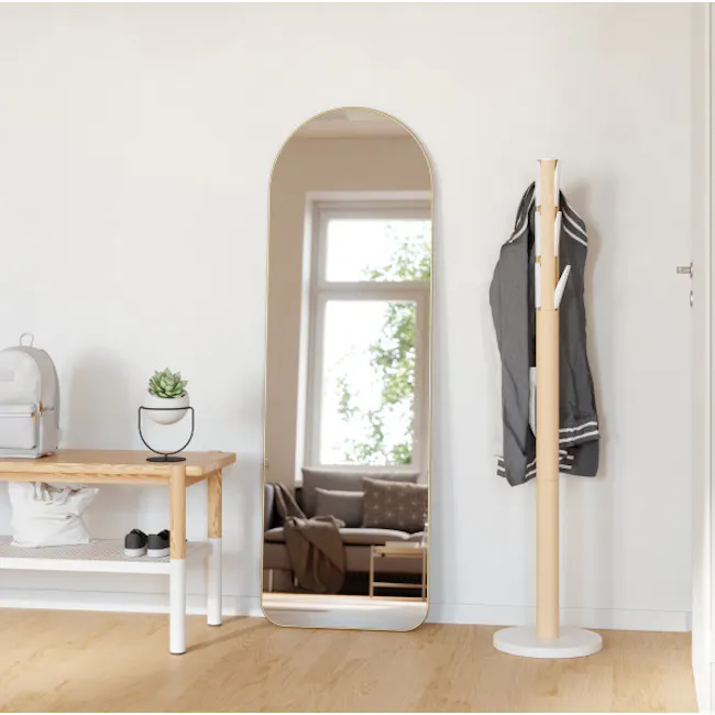 Hubba Arched Leaning Mirror 51 x 157 cm - Brass - 2 - Modern minimalist living room, sleek wooden floor, large mirror