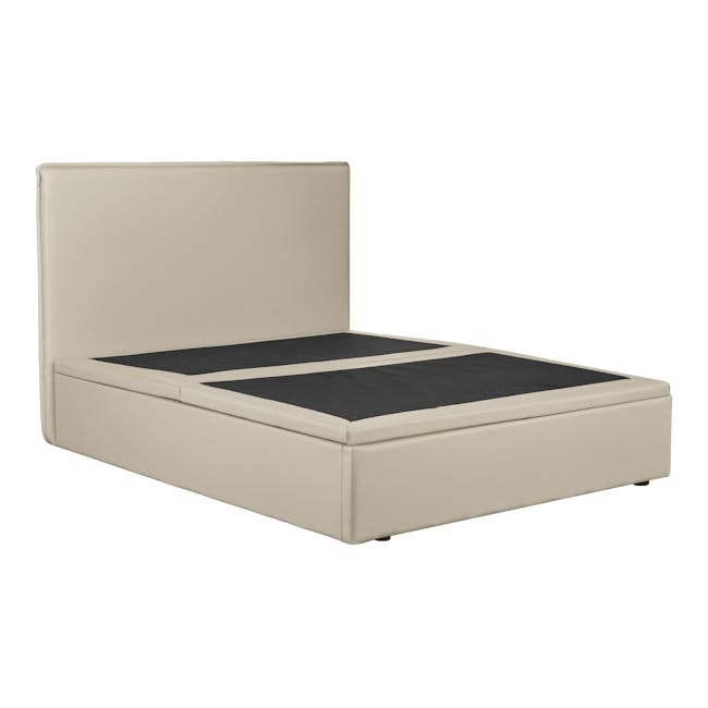 Arthur Super Single Storage Bed - Ivory (Faux Leather) - 4 - Beige upholstered bed with black mattress, minimalist design
