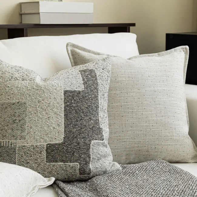 Gregori Linen Specks Cushion Cover - Grey - 5 - Cream and gray textured pillows, modern living room, cozy seating area
