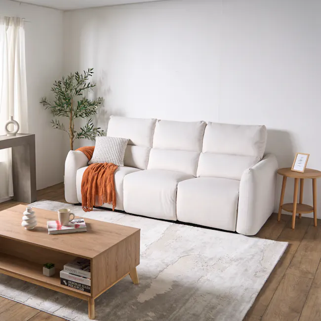 Room setting featuring Leighton 3 Seater Power Recliner Sofa - Pearl River (Scratch Resistant Fabric) - Zero Wall