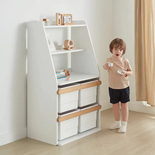 Tidy Integrated Storage Unit - Barley White, Almond - 2 - White shelving unit with wooden handles, child standing next to