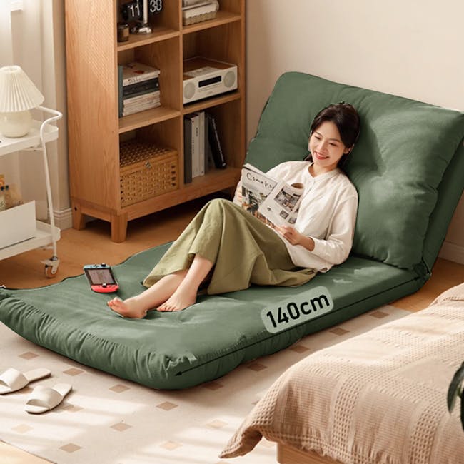 Jesse Sofa Bed - Forest Corduroy - 3 - Green bean bag chair, 140cm size, comfortable seating, woman reading magazine, indoor