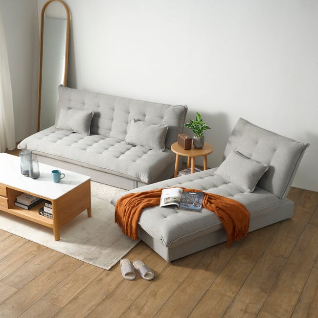 Tessa Storage Lounge Sofa Bed - Beige (Eco Clean Fabric) - 26 - Light gray tufted sofa, wooden coffee table, orange throw