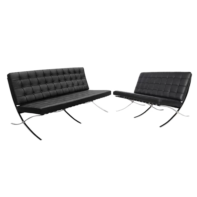 Benton 3 Seater Sofa with Benton 2 Seater Sofa - Black (Genuine Cowhide) - 1 - Black leather sofa with tufted design, sleek