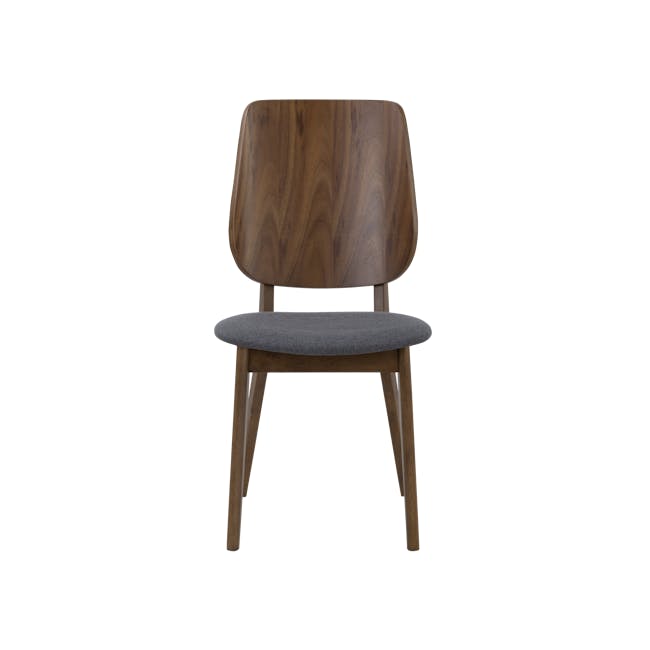 Lofti Dining Chair - Cocoa, Battleship Grey - 4 - Wooden chair with curved backrest and gray cushion, minimalist design