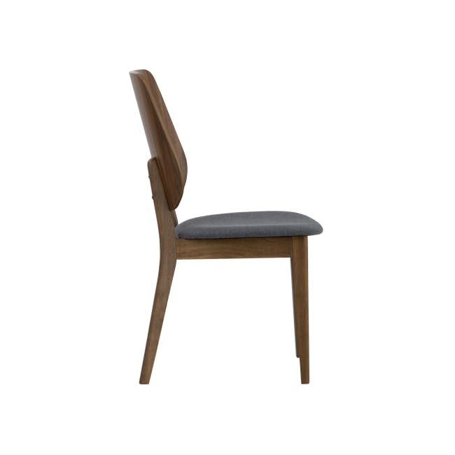 Lofti Dining Chair - Cocoa, Battleship Grey - 5 - Wooden chair with curved backrest and gray cushion, minimalist design