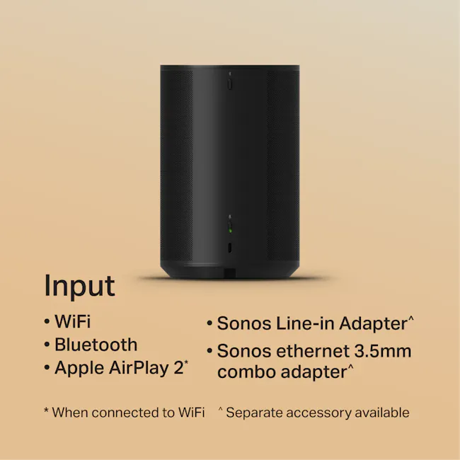 Sonos Era 100 - Black - 3 - - WiFi, Bluetooth, Apple AirPlay 2, Sonos Line-in Adapter, Sonos ethernet 5mm combo adapter