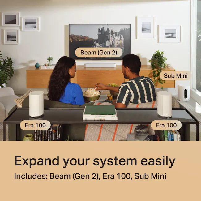 Sonos Era 100 - Black - 10 - Modern living room setup with smart home devices, Dual smart speakers for entertainment and
