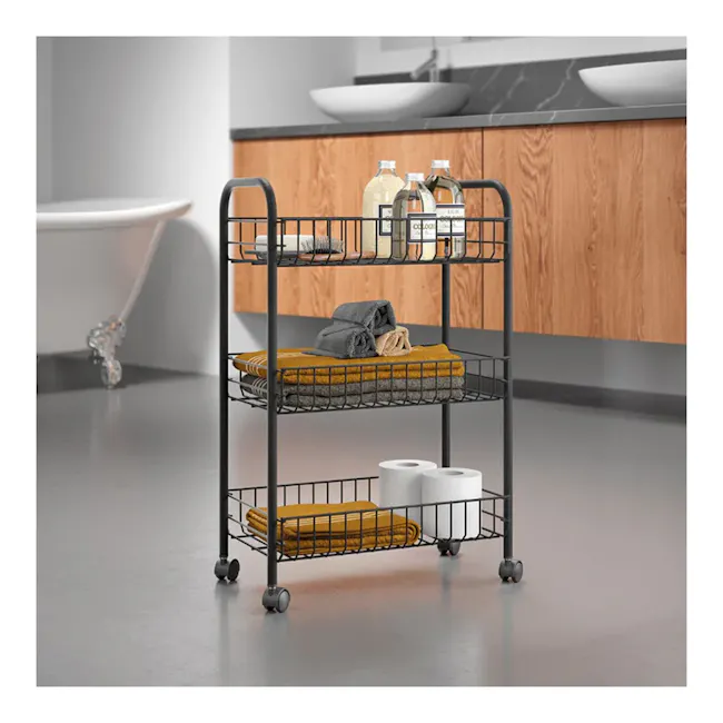 Metaltex Lugano 3 Tier Rolling Cart - Black - 3 - modern bathroom storage cart, compact shelving unit, black metal frame