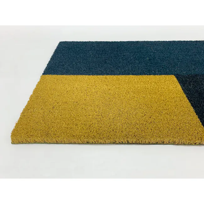 Quent Coir Door Mat - 2 - Yellow textured rug, dark blue section, yellow border, white background, contrasting colors