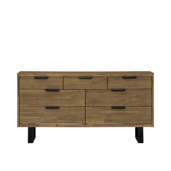 Dakota 7 Drawer Chest 1.55m - 1 - Wooden sideboard with black handles, minimalist design, natural wood finish, rectangular