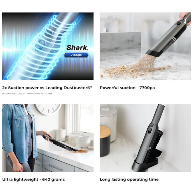 Shark Cordfree Handheld Vacuum - Grey - 9 - Shark 7700pa suction power, Ultra lightweight 640 grams, Powerful suction -