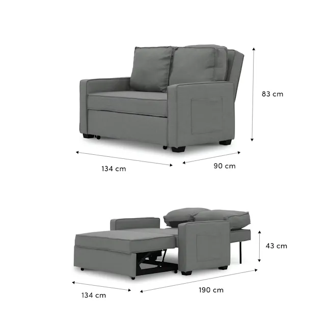 Arturo 2 Seater Sofa Bed - Beige (Eco Clean Fabric) - 11 - Grey upholstered sofa, 83 cm height, 134 cm width, 90 cm depth