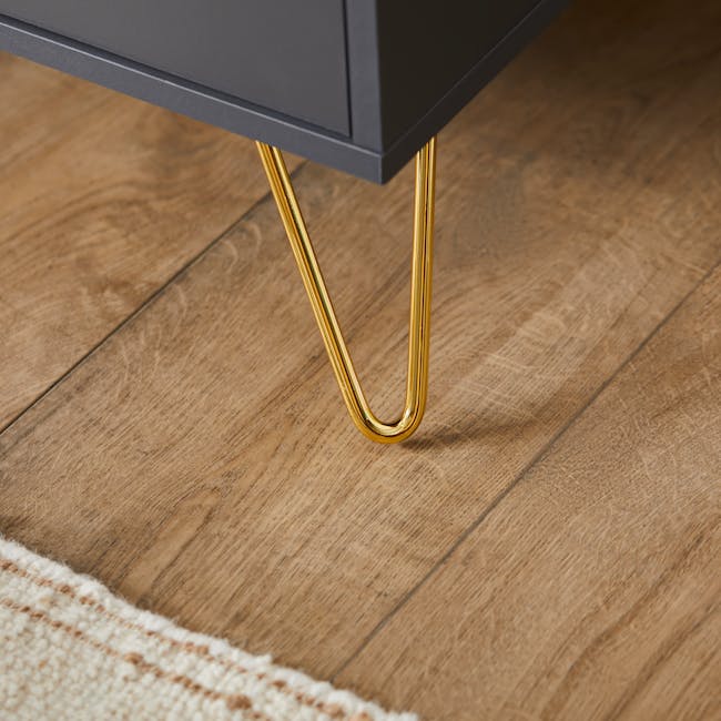 Volos TV Console 1.8m - 14 - modern table with gold legs, sleek black table top, wooden floor, golden legs, minimalist