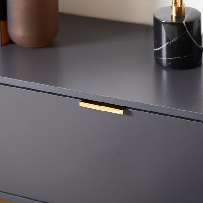 Volos TV Console 1.8m - 9 - modern dresser, sleek drawer, minimalist design, dark gray surface, gold drawer pull, elegant