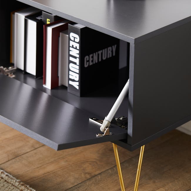 Volos TV Console 1.8m - 10 - Modern minimalist desk, sleek black drawer, gold legs, contemporary furniture, stylish shelving