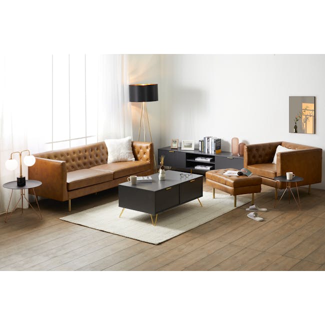 Volos TV Console 1.8m - 2 - Modern living room with brown leather sofas, black coffee table with gold legs, floor lamp with