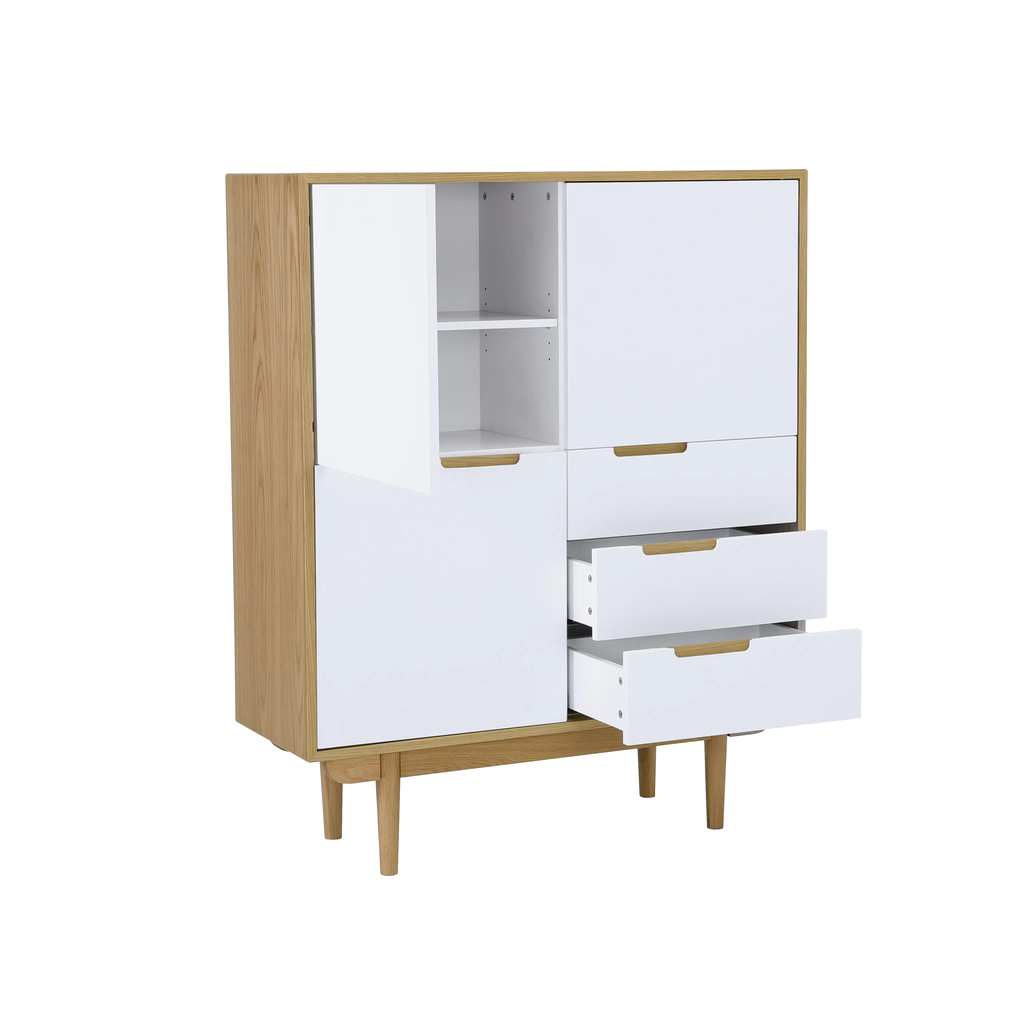 Larisa Tall Sideboard 1.1m - Oak, White - 9 - Wooden cabinet with white interior, open drawers, minimalist design, modern