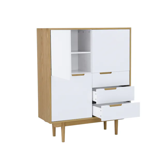Larisa Tall Sideboard 1.1m - Oak, White - 9 - Wooden cabinet with white interior, open drawers, minimalist design, modern