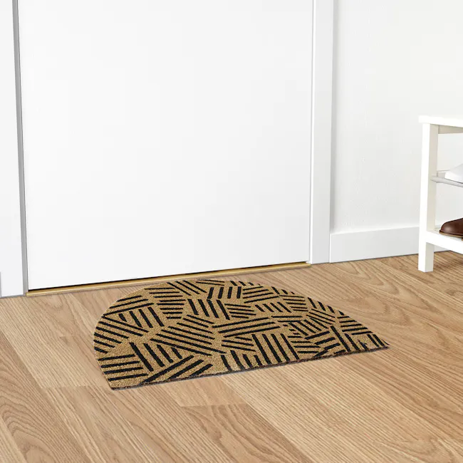 Thane Coir Door Mat - 2 - Patterned doormat, geometric design, wooden floor, white door, minimalist decor, natural wood