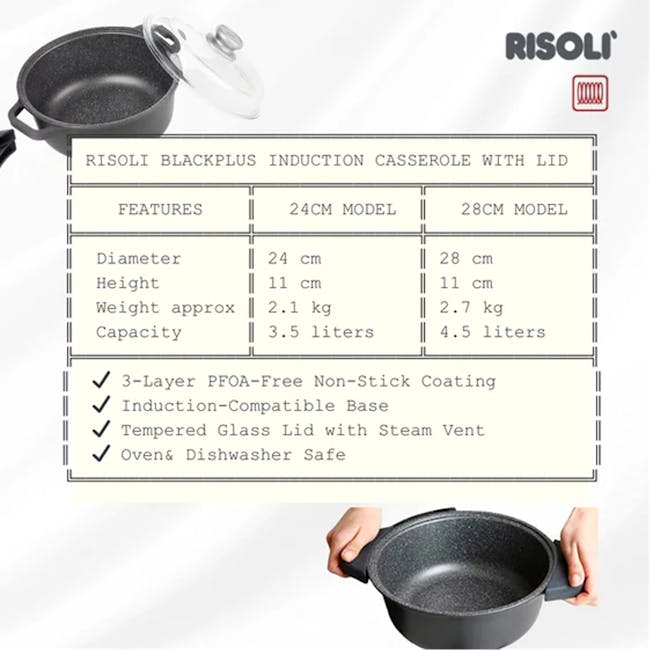 Risoli Casserole Blackplus Induction W/Glass Lid (2 Sizes) - 4