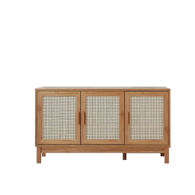 Belig Rattan Sideboard 1.3m - 1 - Wooden cabinet with perforated front panels, two doors, light brown finish, simple design