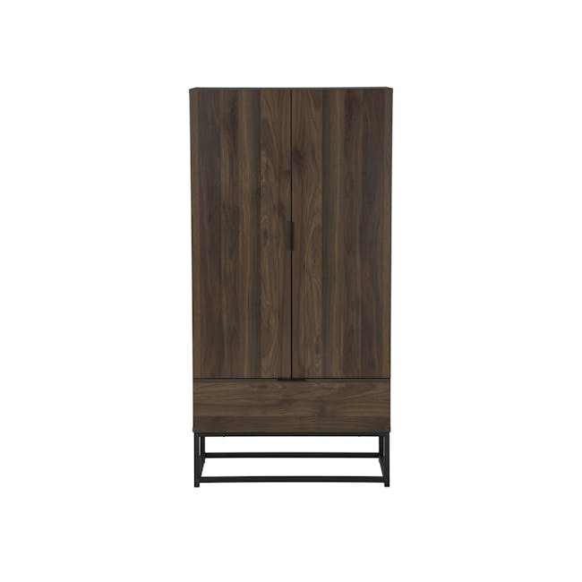 Carrie Tall Storage Cabinet - 1 - Wooden cabinet with dark brown finish, minimalist design, vertical slats, black metal