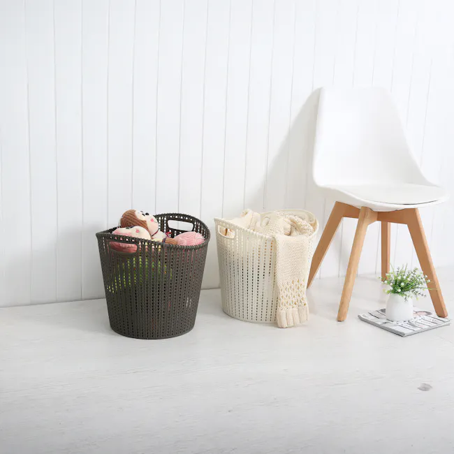 Alice Laundry Basket - Grey - 4 - White wicker basket, soft pink stuffed toy, beige knitted blanket, white wicker basket
